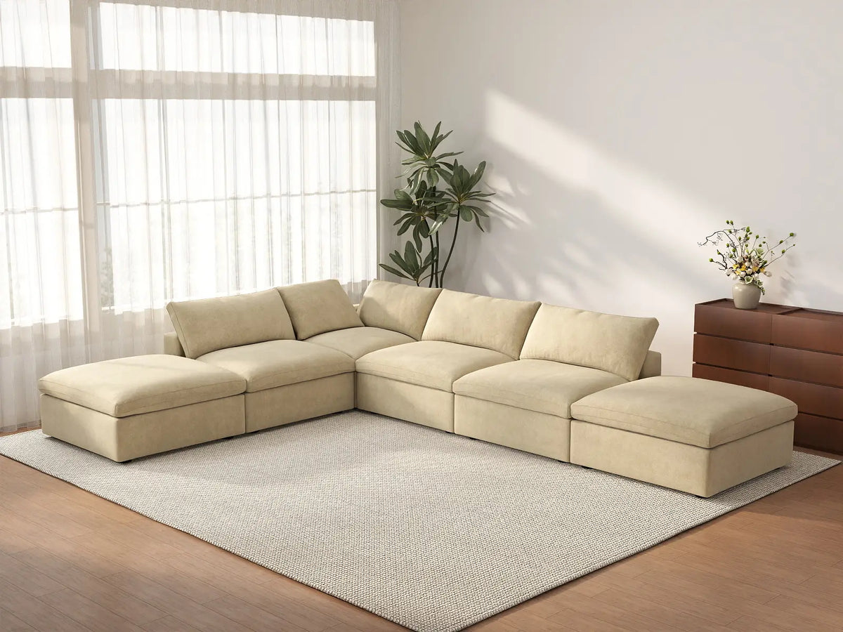 Deluxe Cloud 4-Seater Beige Sofa Set | 6-Piece (Includes 2 Ottomans), Velvet Fabric, Washable Cushion Covers