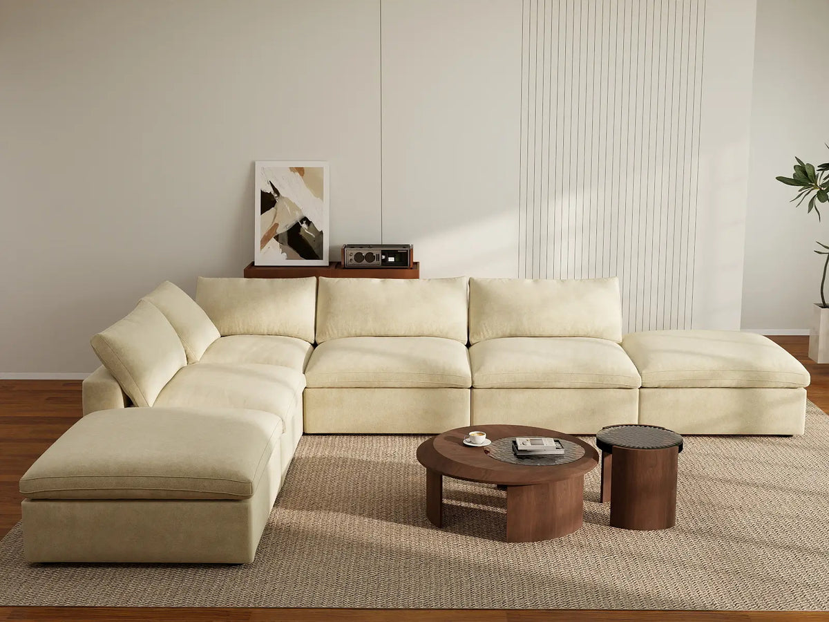Deluxe Cloud 4-Seater Beige Sofa Set | 6-Piece (Includes 2 Ottomans), Velvet Fabric, Washable Cushion Covers
