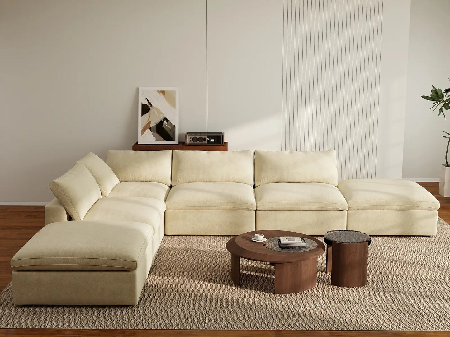 Deluxe Cloud 4-Seater Beige Sofa Set | 6-Piece (Includes 2 Ottomans), Velvet Fabric, Washable Cushion Covers