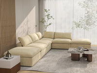 Deluxe Cloud 4-Seater Beige Sofa Set | 6-Piece (Includes 2 Ottomans), Velvet Fabric, Washable Cushion Covers