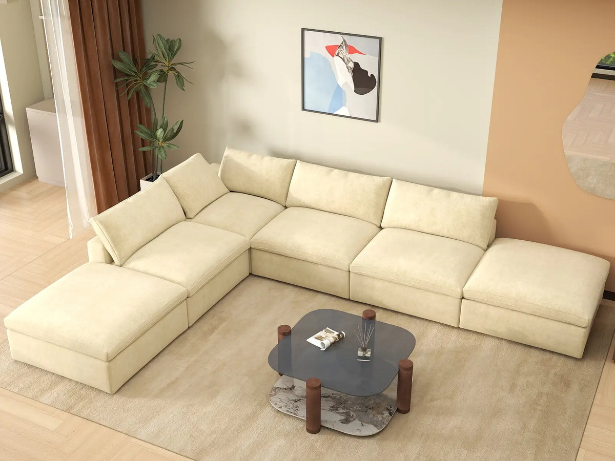 Deluxe Cloud 4-Seater Beige Sofa Set | 6-Piece (Includes 2 Ottomans), Velvet Fabric, Washable Cushion Covers