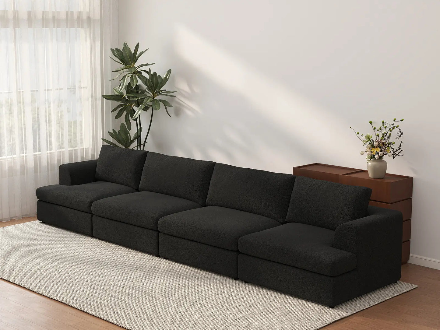 Deluxe Cloud 4-Seater Black Couch Sectional | 4-Piece, Bouclé Sherpa-Like Fabric, Washable Cushion Covers