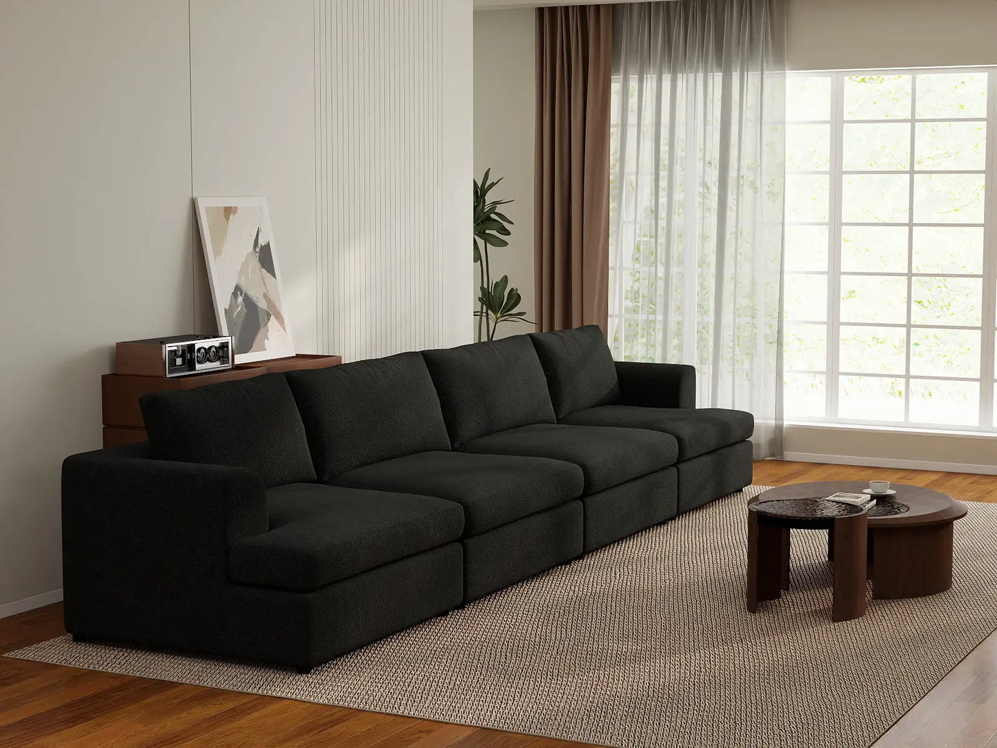 Deluxe Cloud 4-Seater Black Couch Sectional | 4-Piece, Bouclé Sherpa-Like Fabric, Washable Cushion Covers