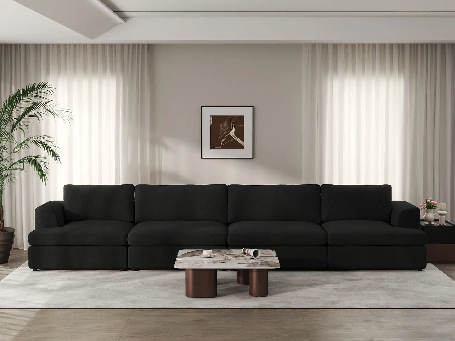 Deluxe Cloud 4-Seater Black Couch Sectional | 4-Piece, Bouclé Sherpa-Like Fabric, Washable Cushion Covers