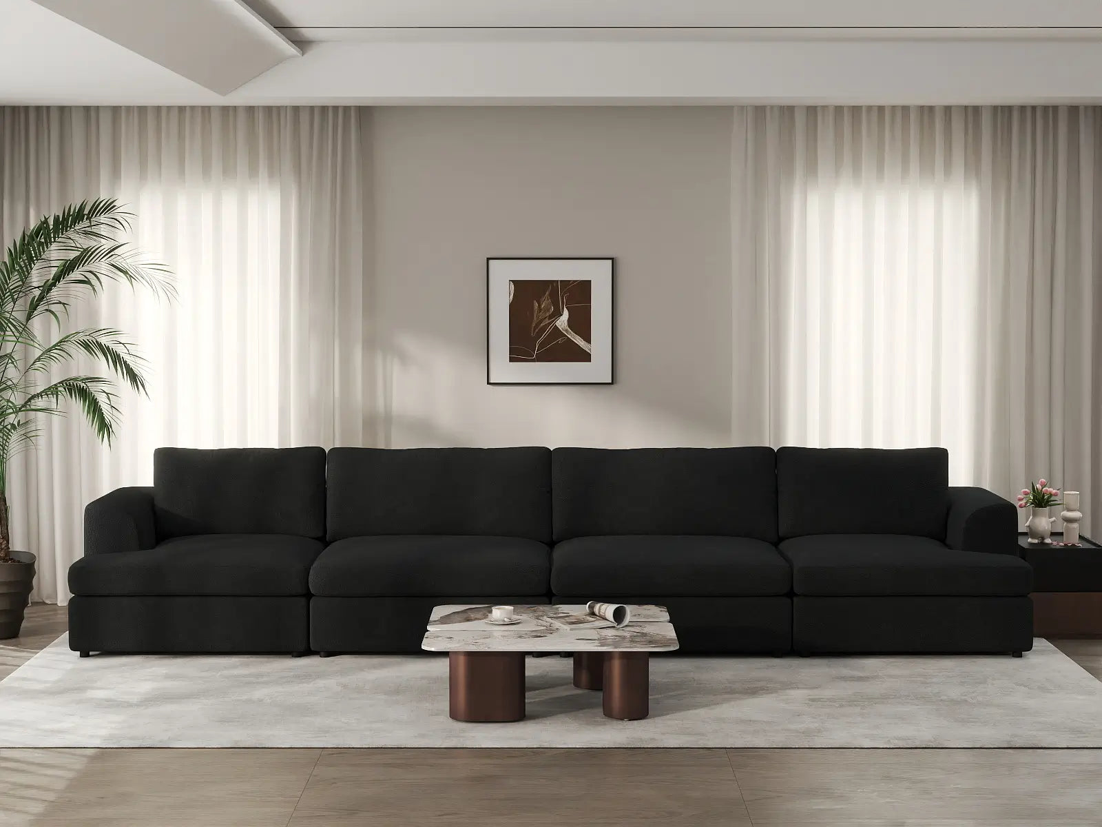 Deluxe Cloud 4-Seater Black Couch Sectional | 4-Piece, Bouclé Sherpa-Like Fabric, Washable Cushion Covers