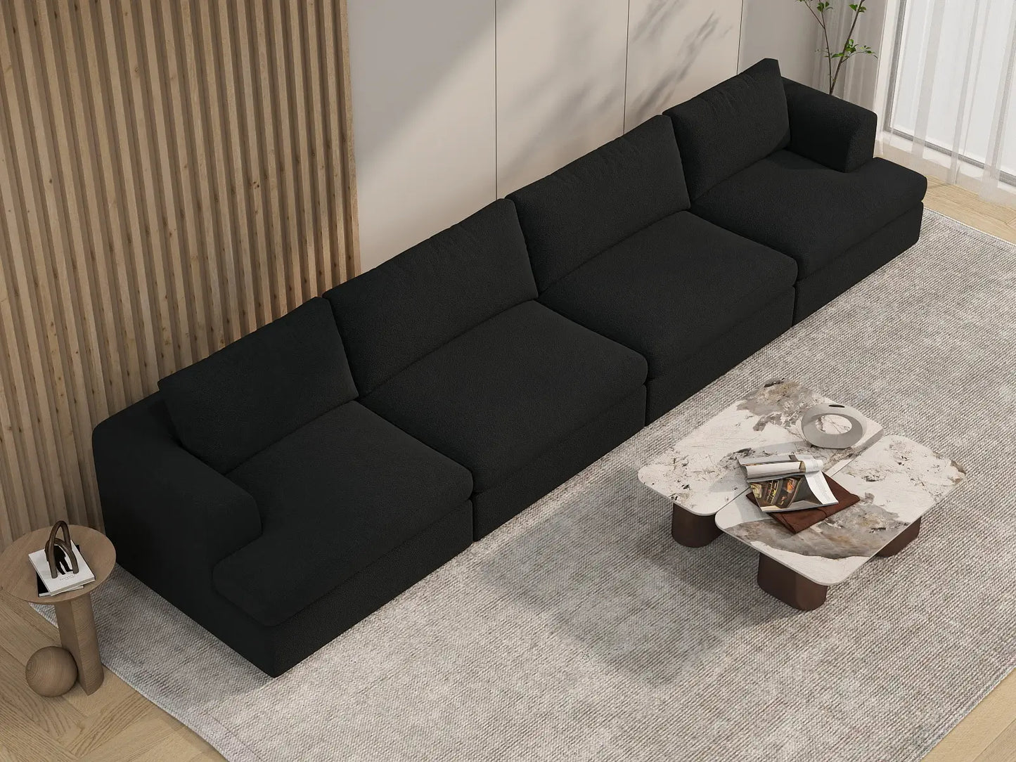 Deluxe Cloud 4-Seater Black Couch Sectional | 4-Piece, Bouclé Sherpa-Like Fabric, Washable Cushion Covers