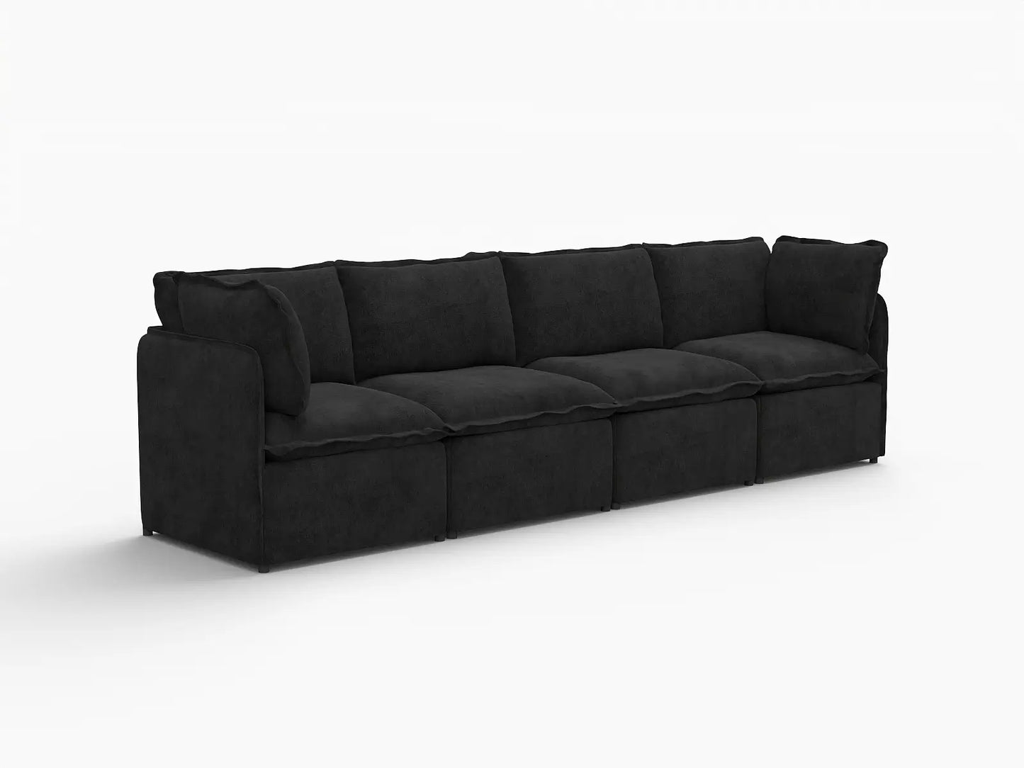 Deluxe Cloud 4-Seater Black Couch Sectional | 4-Piece, Linen Look Poly Fabric, Washable Cushion Covers