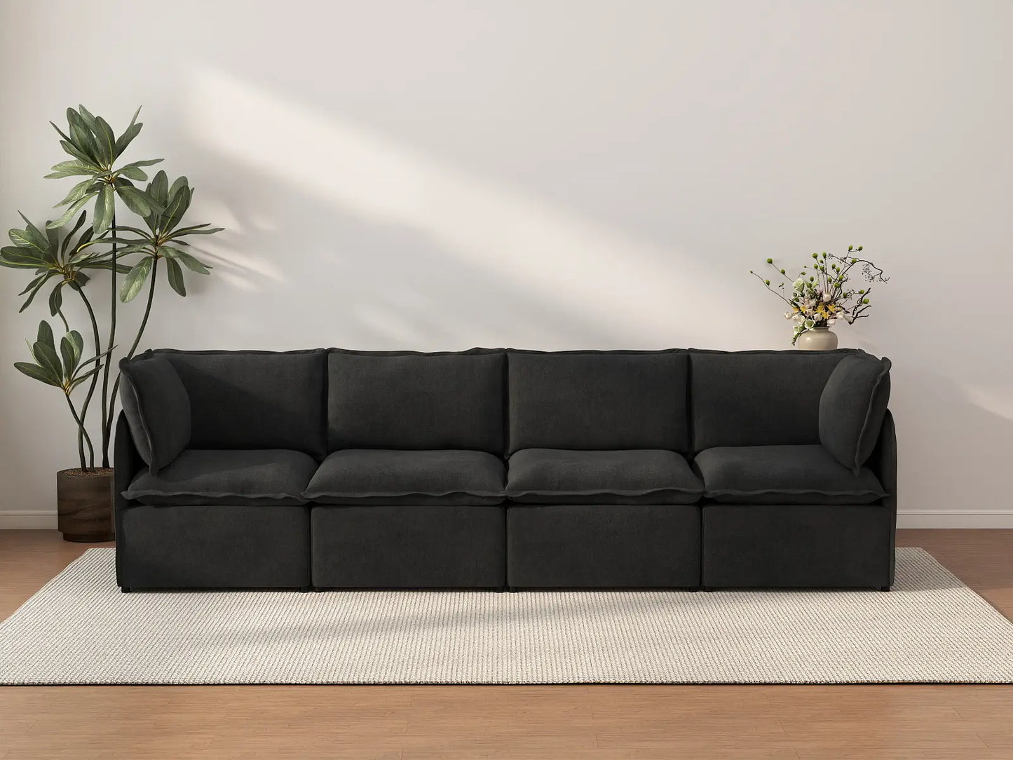 Deluxe Cloud 4-Seater Black Couch Sectional | 4-Piece, Linen Look Poly Fabric, Washable Cushion Covers