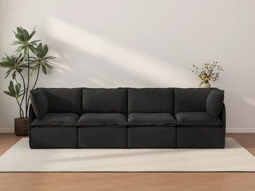 Deluxe Cloud 4-Seater Black Couch Sectional | 4-Piece, Linen Look Poly Fabric, Washable Cushion Covers
