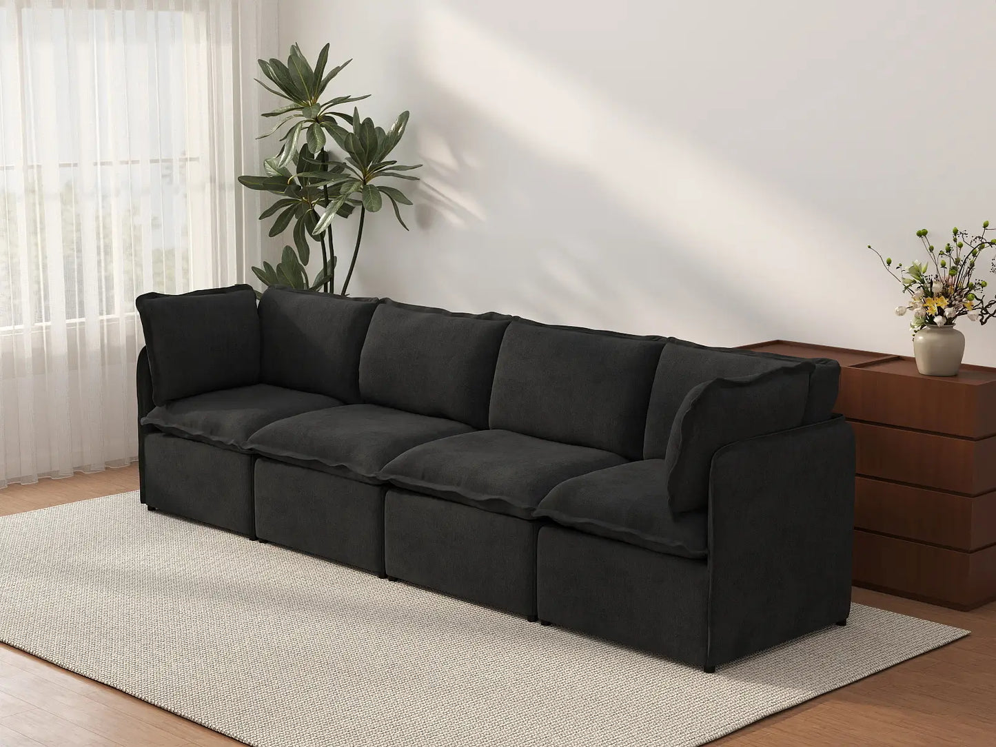 Deluxe Cloud 4-Seater Black Couch Sectional | 4-Piece, Linen Look Poly Fabric, Washable Cushion Covers