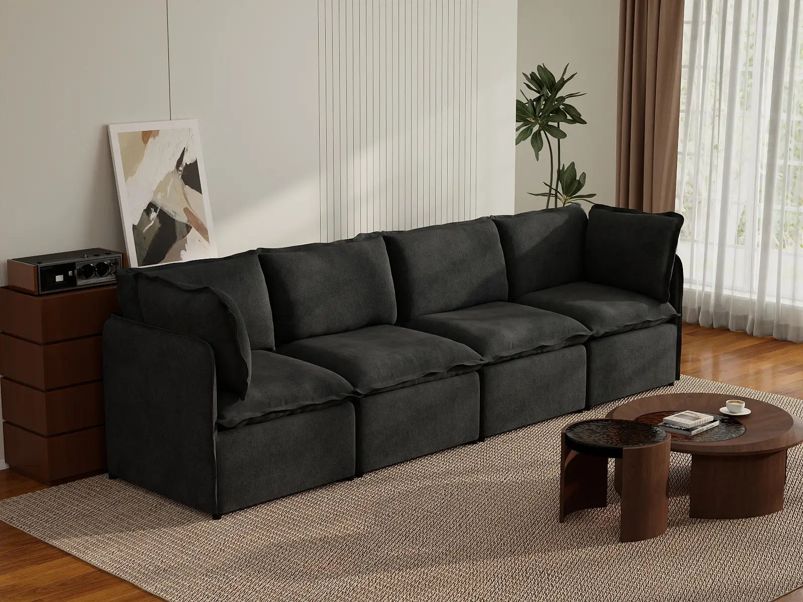 Deluxe Cloud 4-Seater Black Couch Sectional | 4-Piece, Linen Look Poly Fabric, Washable Cushion Covers