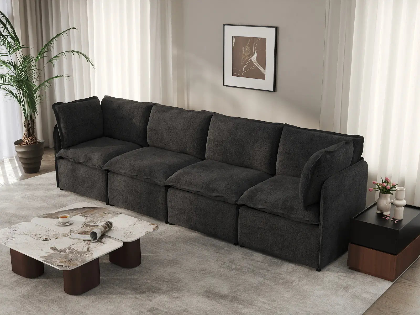 Deluxe Cloud 4-Seater Black Couch Sectional | 4-Piece, Linen Look Poly Fabric, Washable Cushion Covers