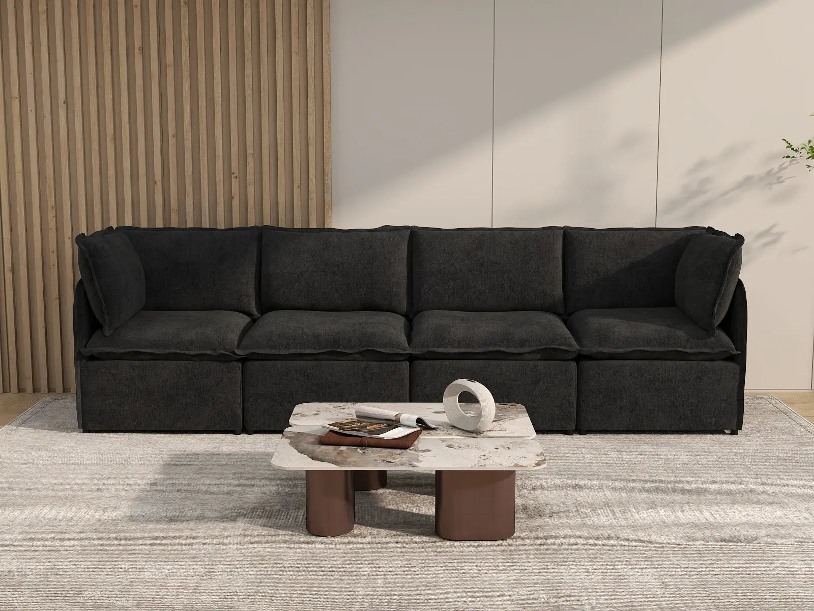 Deluxe Cloud 4-Seater Black Couch Sectional | 4-Piece, Linen Look Poly Fabric, Washable Cushion Covers