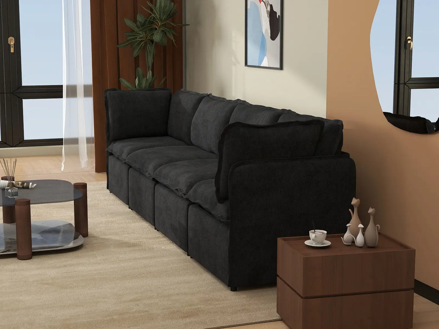 Deluxe Cloud 4-Seater Black Couch Sectional | 4-Piece, Linen Look Poly Fabric, Washable Cushion Covers