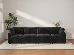 Sofá seccional de 4 plazas Deluxe Cloud negro | 4 piezas, tela de chenilla mezcla de lino, fundas de cojín lavables