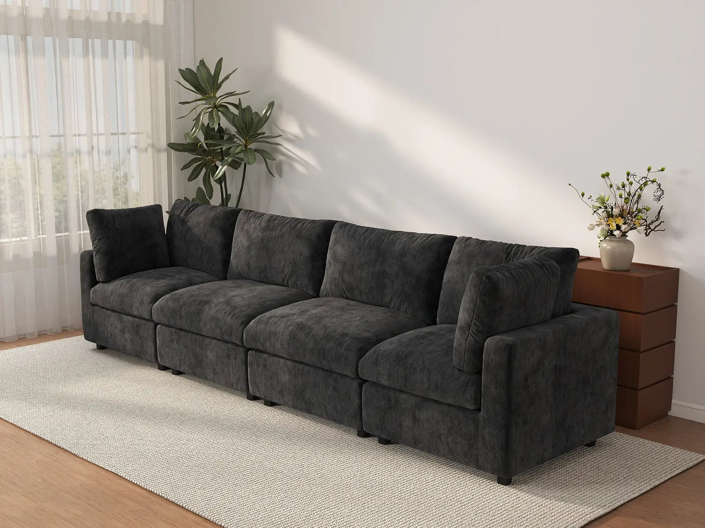 Sofá seccional de 4 plazas Deluxe Cloud negro | 4 piezas, tela de chenilla mezcla de lino, fundas de cojín lavables