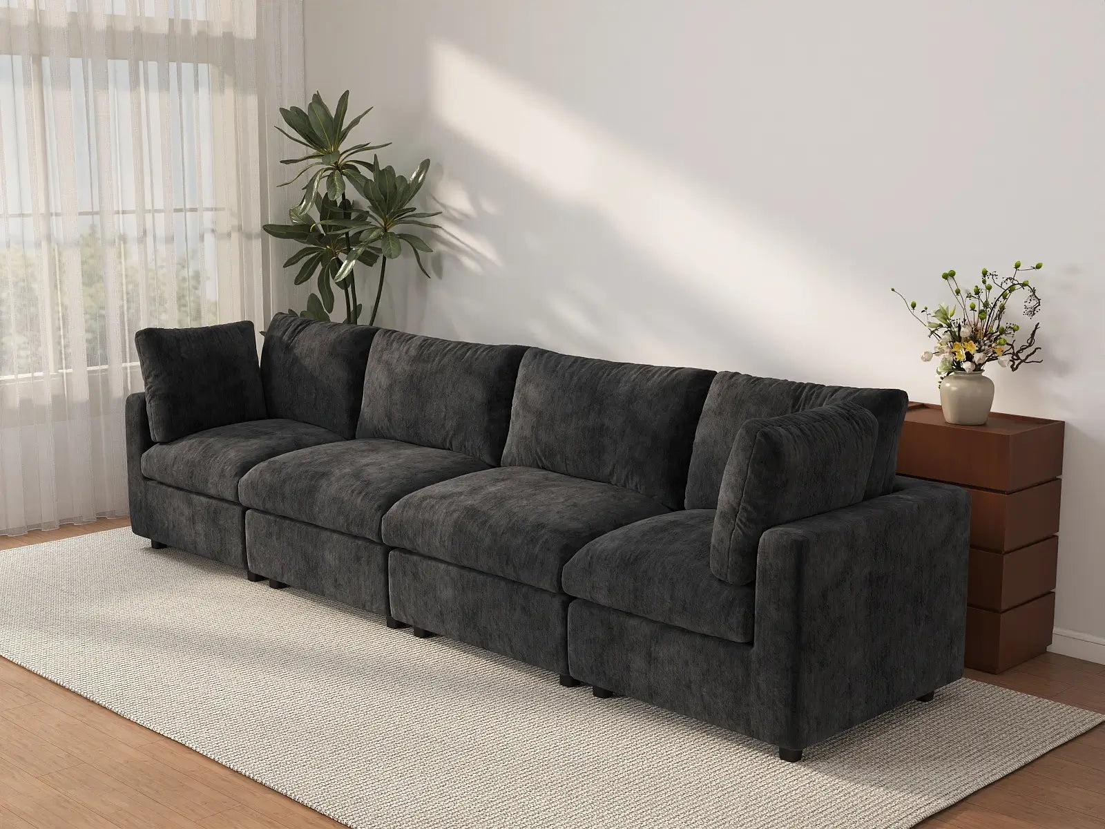 Sofá seccional de 4 plazas Deluxe Cloud negro | 4 piezas, tela de chenilla mezcla de lino, fundas de cojín lavables