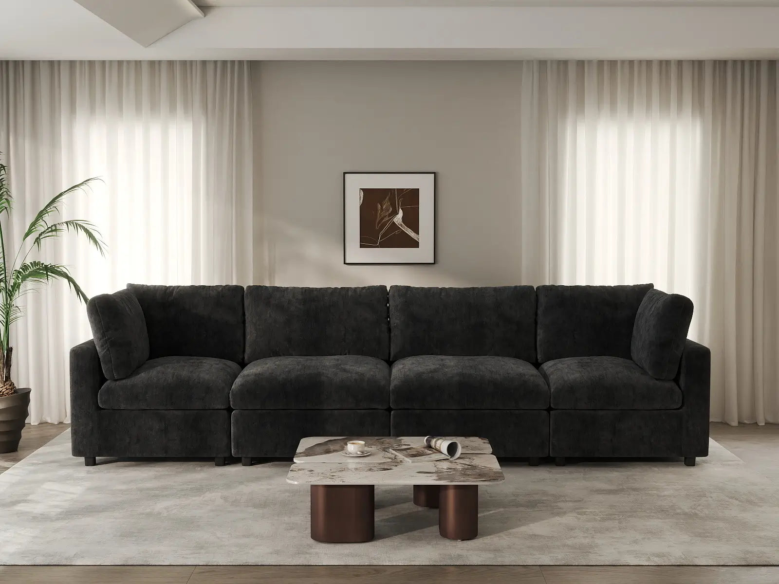 Sofá seccional de 4 plazas Deluxe Cloud negro | 4 piezas, tela de chenilla mezcla de lino, fundas de cojín lavables