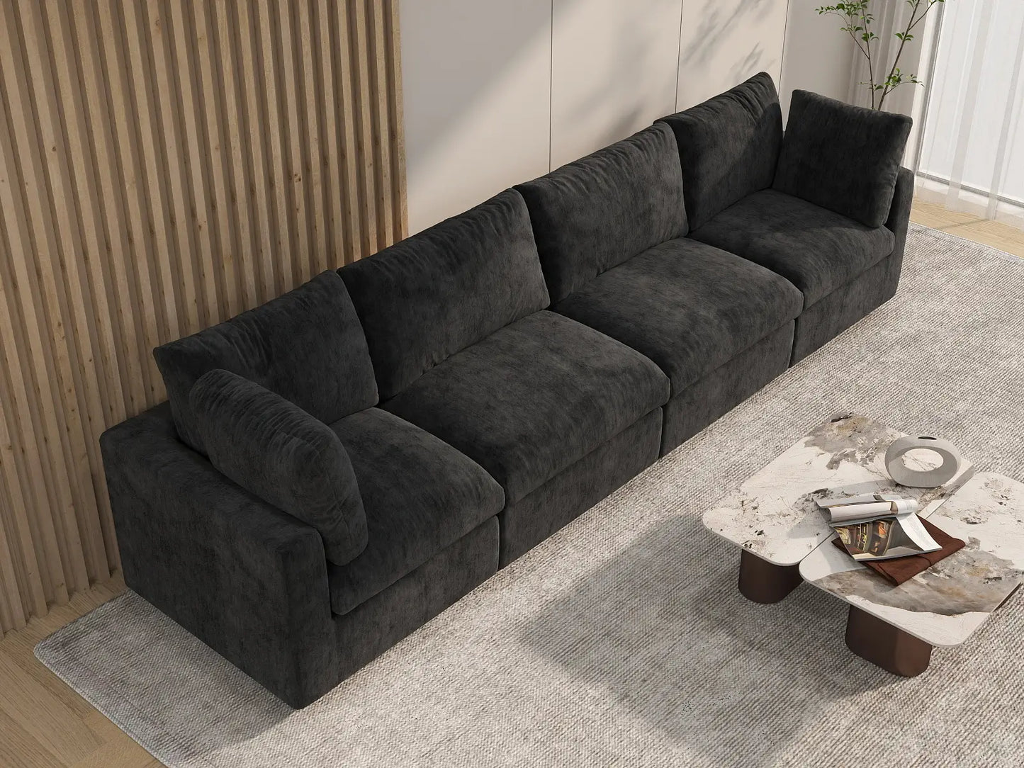 Sofá seccional de 4 plazas Deluxe Cloud negro | 4 piezas, tela de chenilla mezcla de lino, fundas de cojín lavables