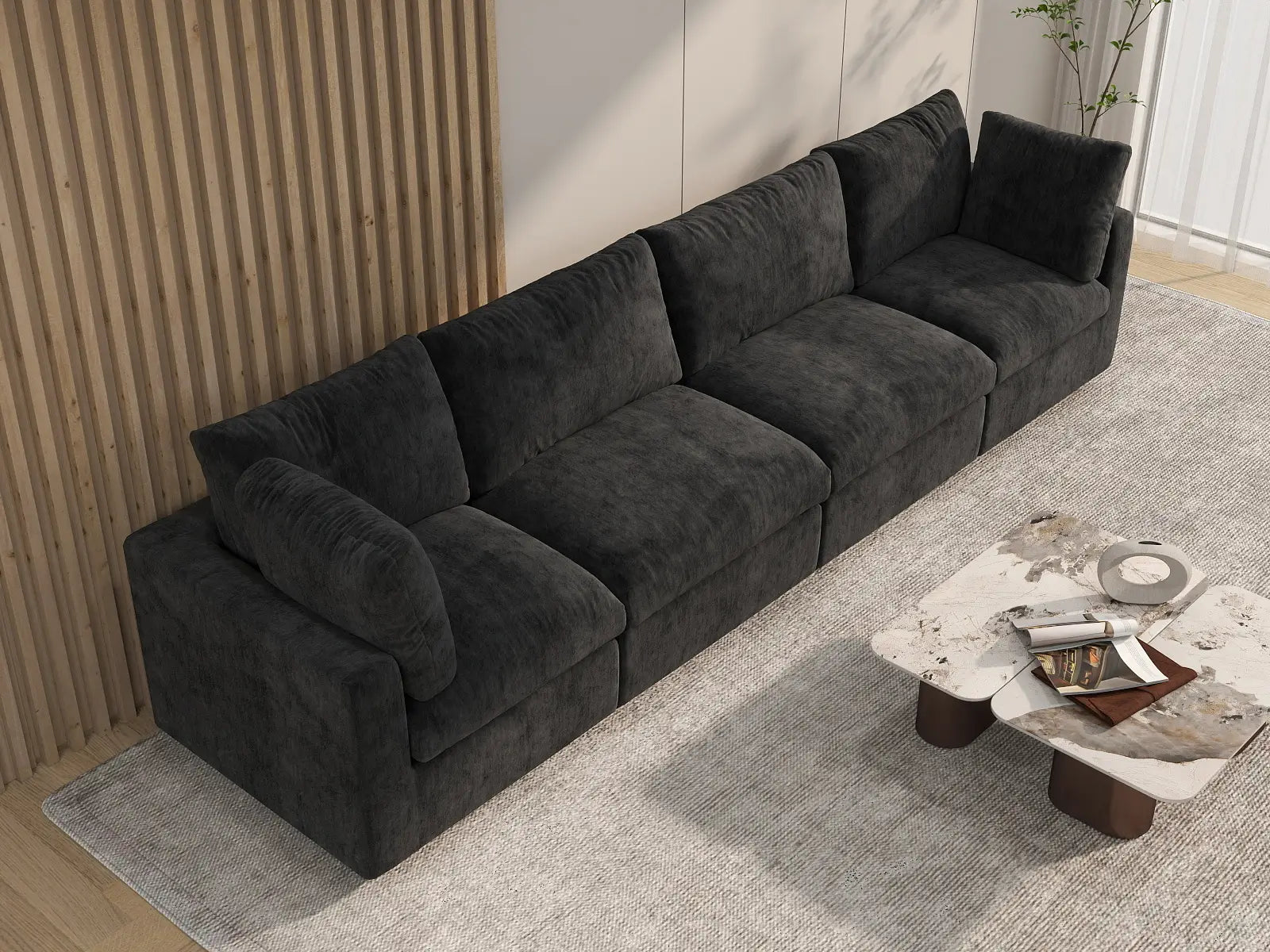 Sofá seccional de 4 plazas Deluxe Cloud negro | 4 piezas, tela de chenilla mezcla de lino, fundas de cojín lavables
