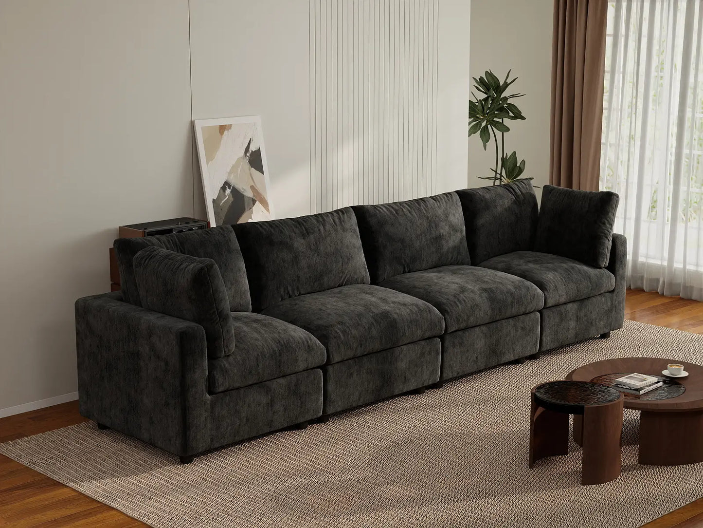 Sofá seccional de 4 plazas Deluxe Cloud negro | 4 piezas, tela de chenilla mezcla de lino, fundas de cojín lavables