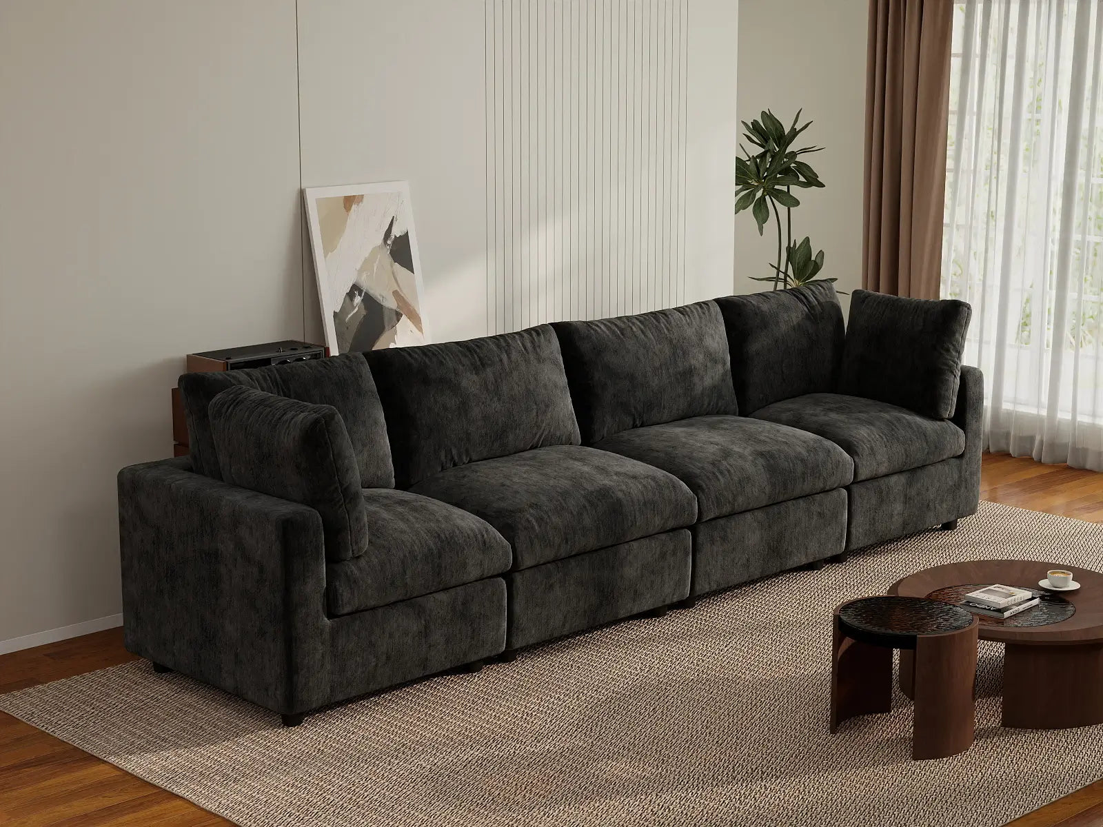 Sofá seccional de 4 plazas Deluxe Cloud negro | 4 piezas, tela de chenilla mezcla de lino, fundas de cojín lavables