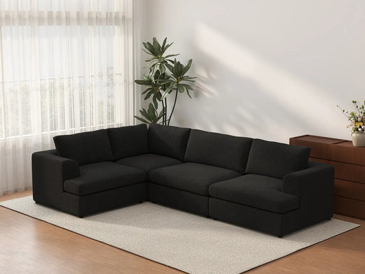 Sofá modular en forma de L Deluxe Cloud de 4 asientos, color negro | 4 piezas, tela tipo sherpa de buclé, fundas de cojín lavables