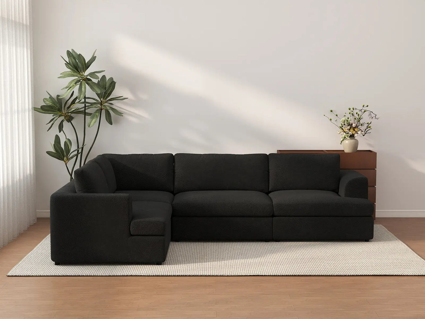 Deluxe Cloud 4-Seater Black L-Shaped Sectional | 4-Piece, Bouclé Sherpa-Like Fabric, Washable Cushion Covers
