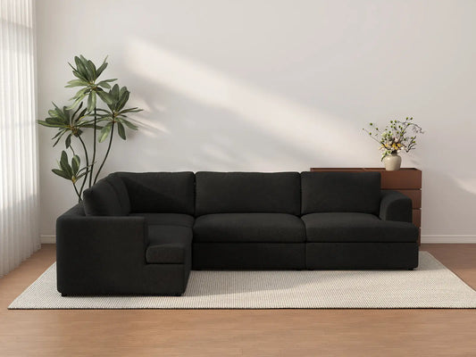 Sofá modular en forma de L Deluxe Cloud de 4 asientos, color negro | 4 piezas, tela tipo sherpa de buclé, fundas de cojín lavables