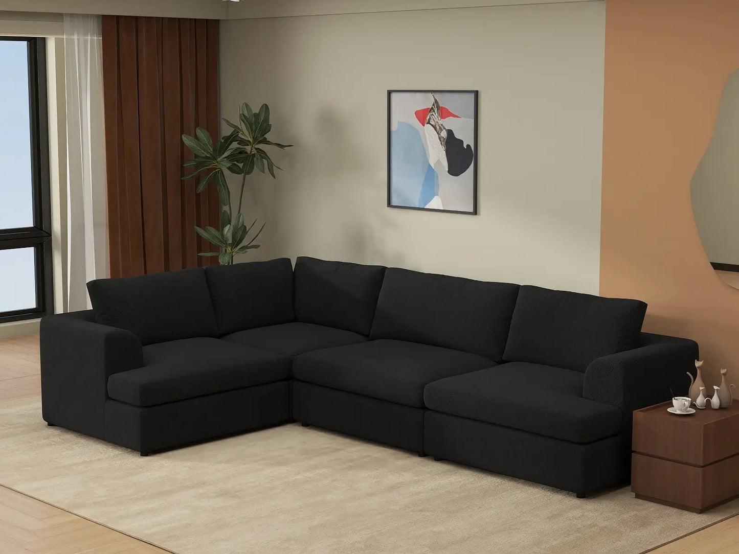 Deluxe Cloud 4-Seater Black L-Shaped Sectional | 4-Piece, Bouclé Sherpa-Like Fabric, Washable Cushion Covers