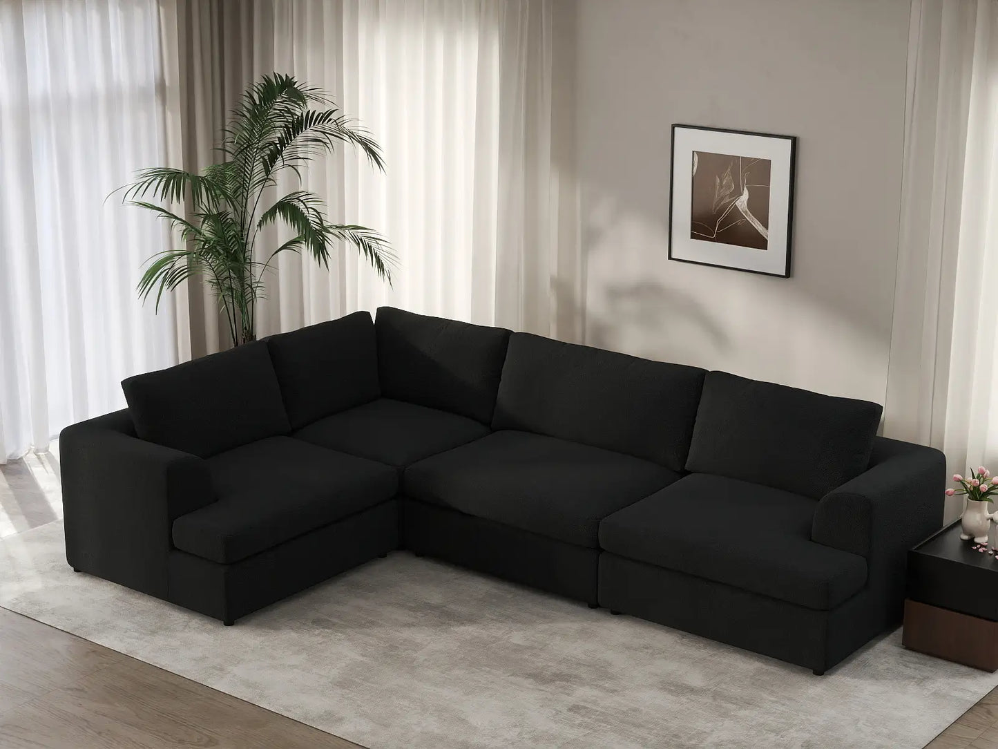 Deluxe Cloud 4-Seater Black L-Shaped Sectional | 4-Piece, Bouclé Sherpa-Like Fabric, Washable Cushion Covers