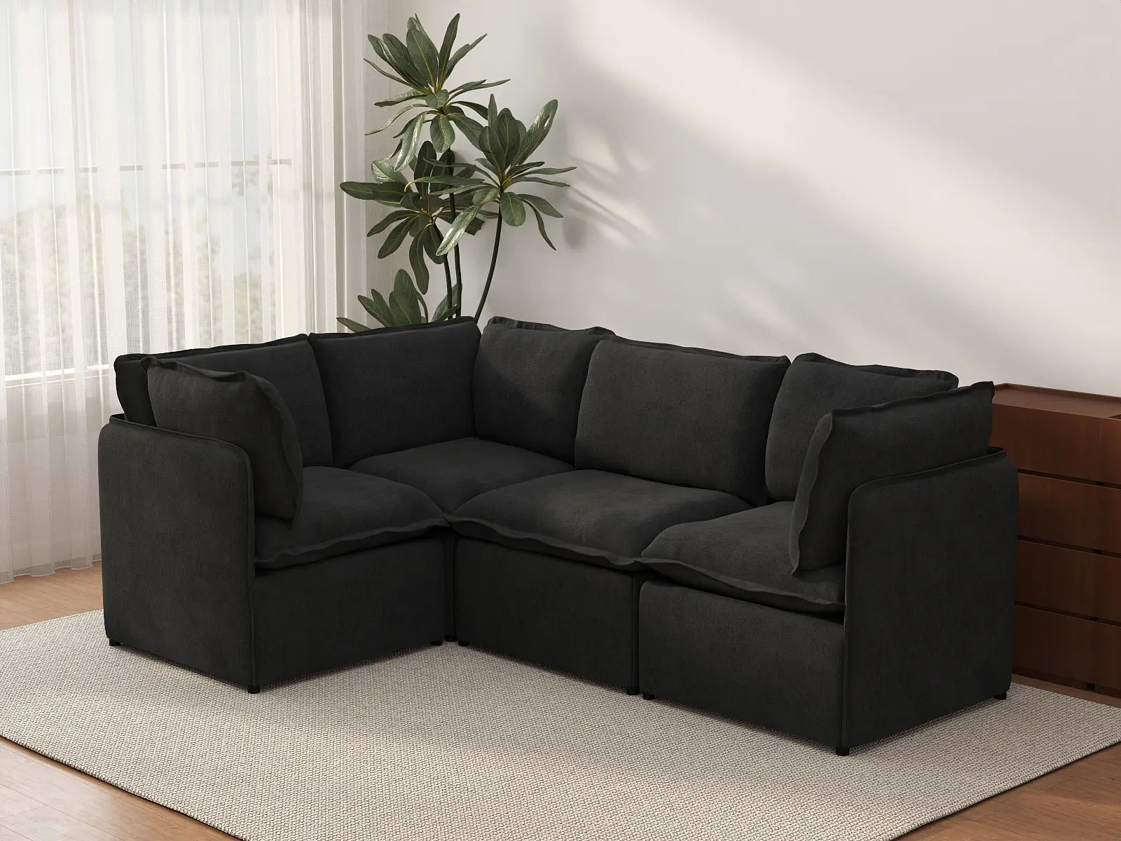 Deluxe Cloud 4-Seater Black L-Shaped Sectional | 4-Piece, Linen Look Poly Fabric, Washable Cushion Covers