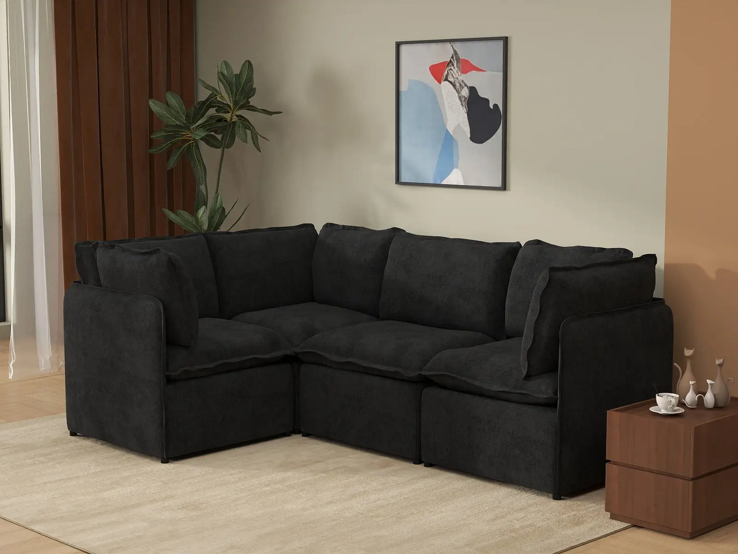 Deluxe Cloud 4-Seater Black L-Shaped Sectional | 4-Piece, Linen Look Poly Fabric, Washable Cushion Covers