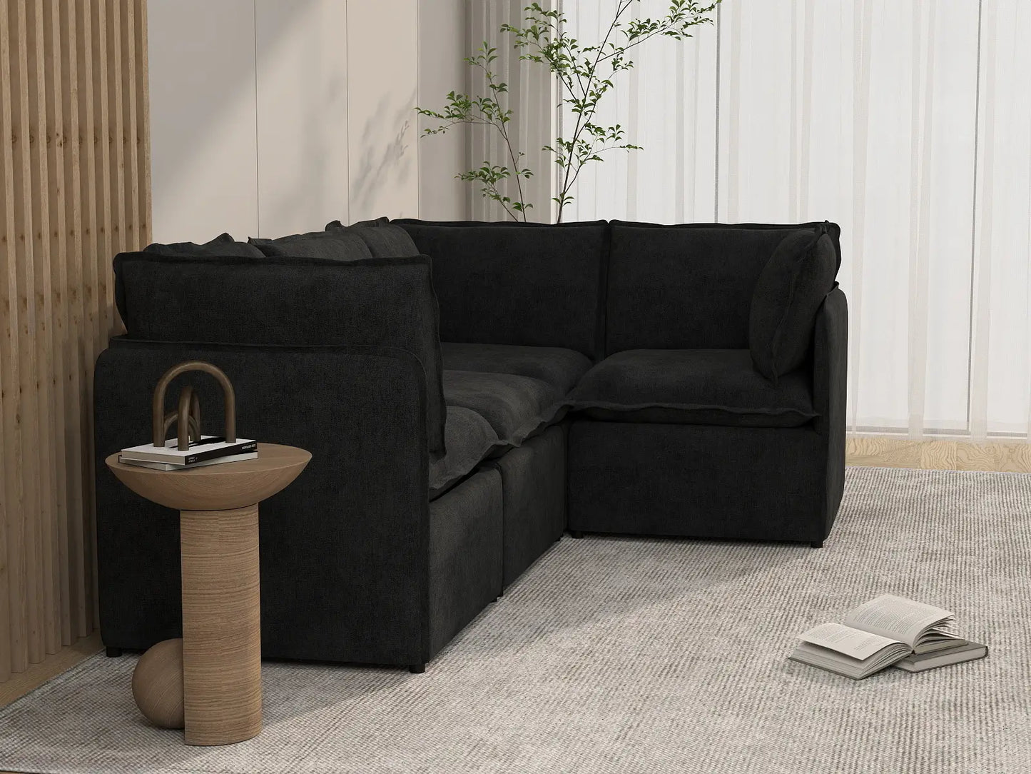 Deluxe Cloud 4-Seater Black L-Shaped Sectional | 4-Piece, Linen Look Poly Fabric, Washable Cushion Covers