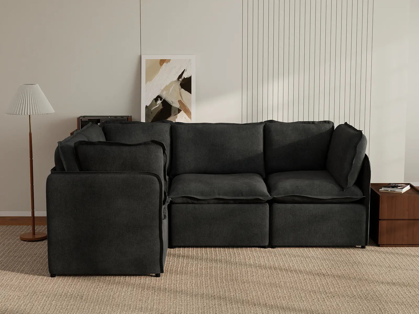 Deluxe Cloud 4-Seater Black L-Shaped Sectional | 4-Piece, Linen Look Poly Fabric, Washable Cushion Covers