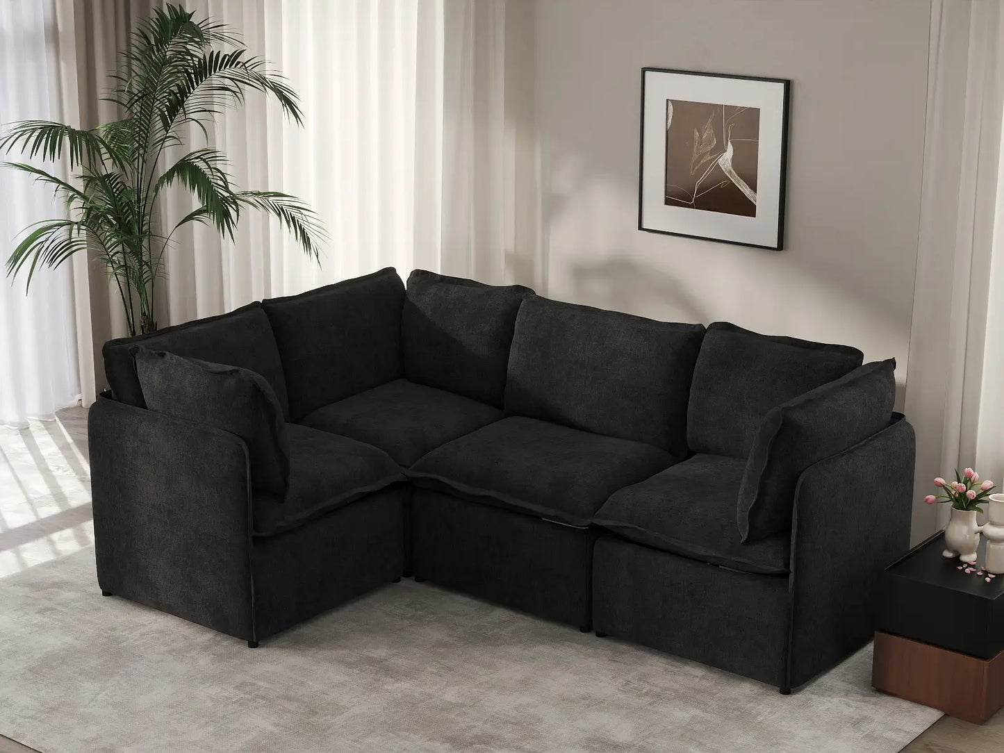 Deluxe Cloud 4-Seater Black L-Shaped Sectional | 4-Piece, Linen Look Poly Fabric, Washable Cushion Covers