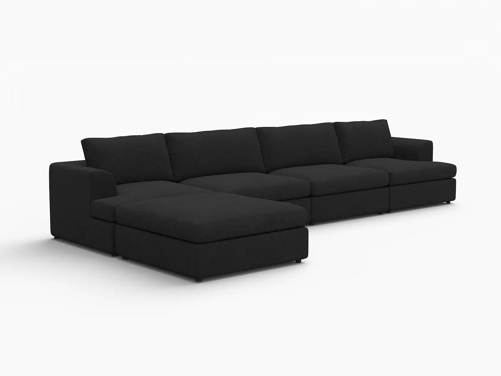 Deluxe Cloud 4-Seater Black L-Shaped Sectional | 5-Piece (Includes 1 Ottoman), Bouclé Sherpa-Like Fabric, Washable Cushion Covers