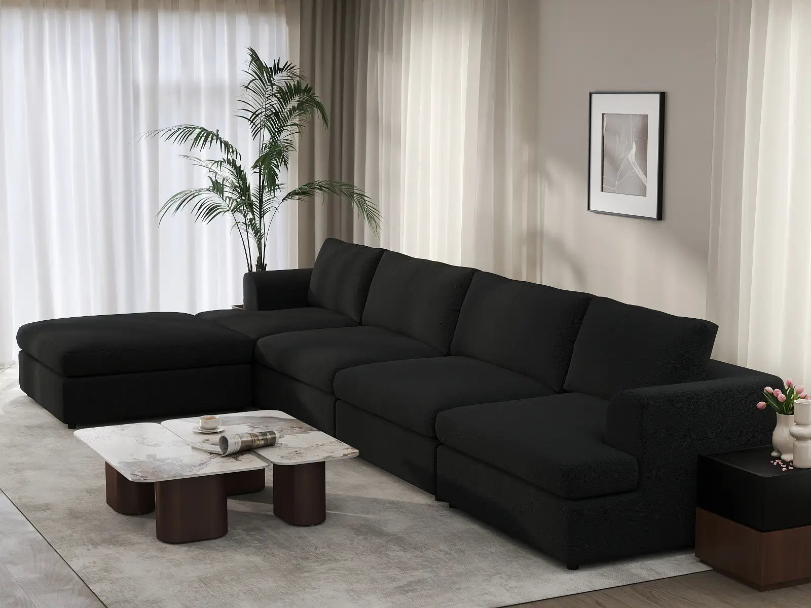 Deluxe Cloud 4-Seater Black L-Shaped Sectional | 5-Piece (Includes 1 Ottoman), Bouclé Sherpa-Like Fabric, Washable Cushion Covers
