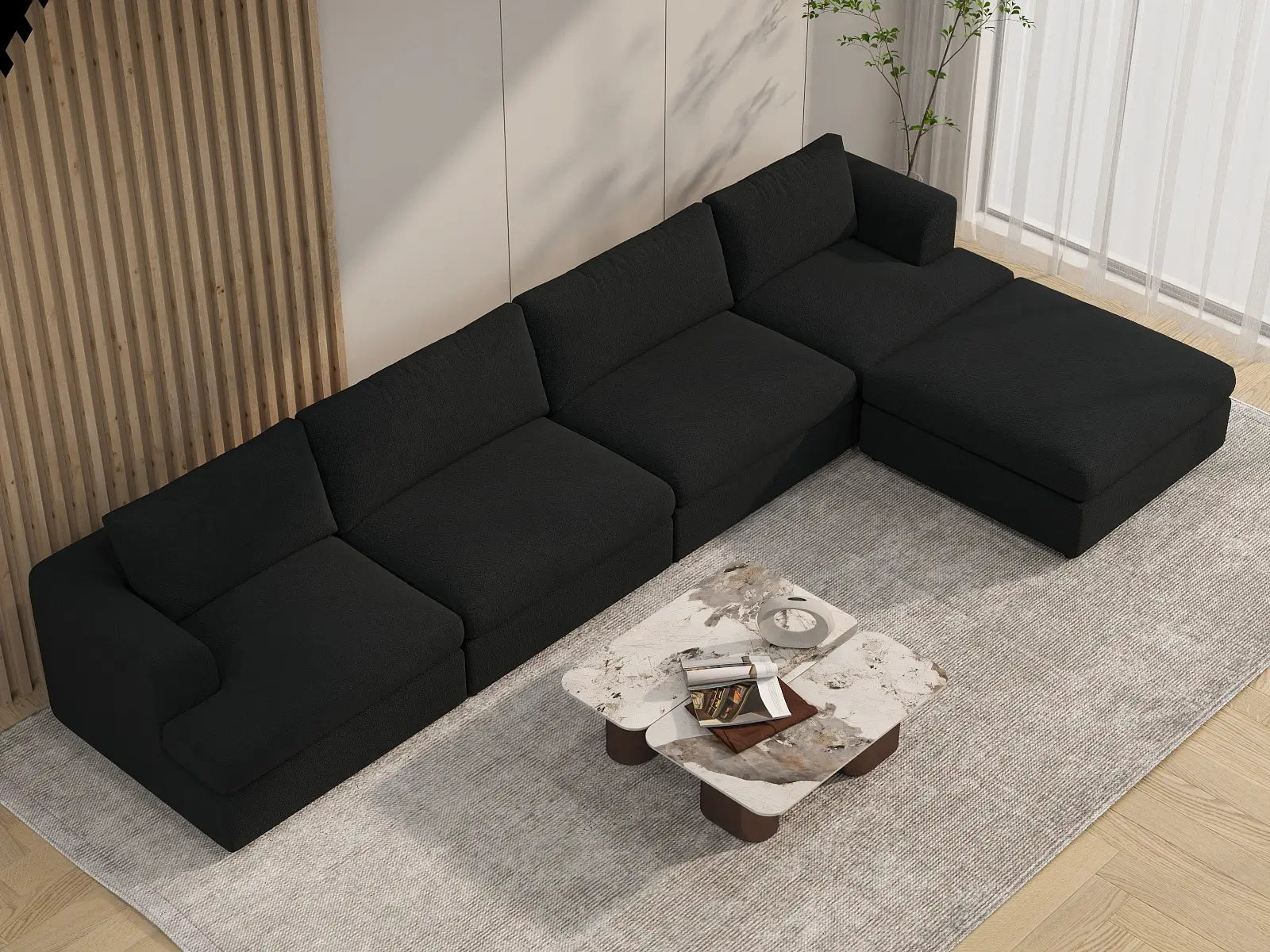 Deluxe Cloud 4-Seater Black L-Shaped Sectional | 5-Piece (Includes 1 Ottoman), Bouclé Sherpa-Like Fabric, Washable Cushion Covers