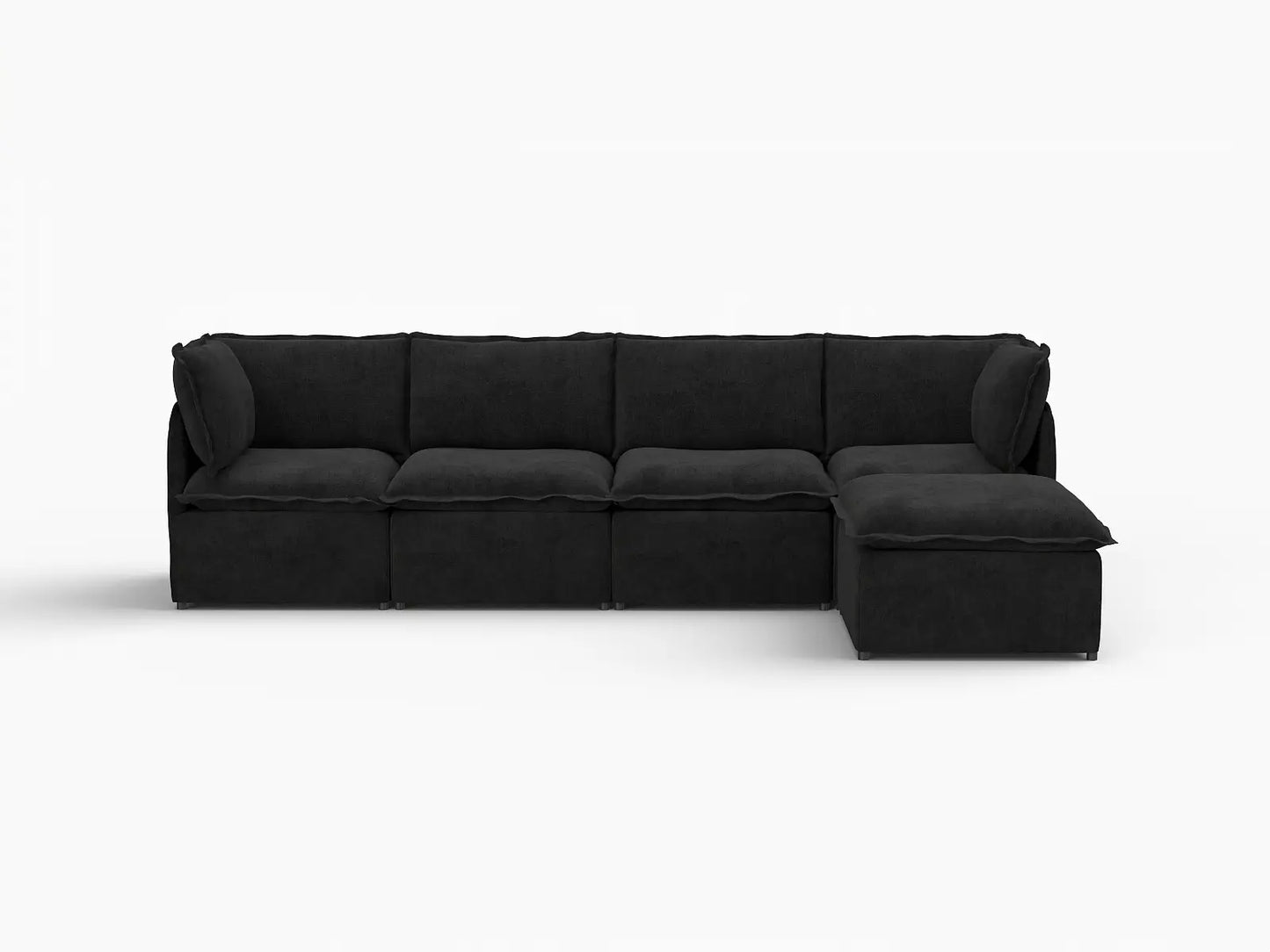 Deluxe Cloud 4-Seater Black L-Shaped Sectional | 5-Piece (Includes 1 Ottoman), Linen Look Poly Fabric, Washable Cushion Covers