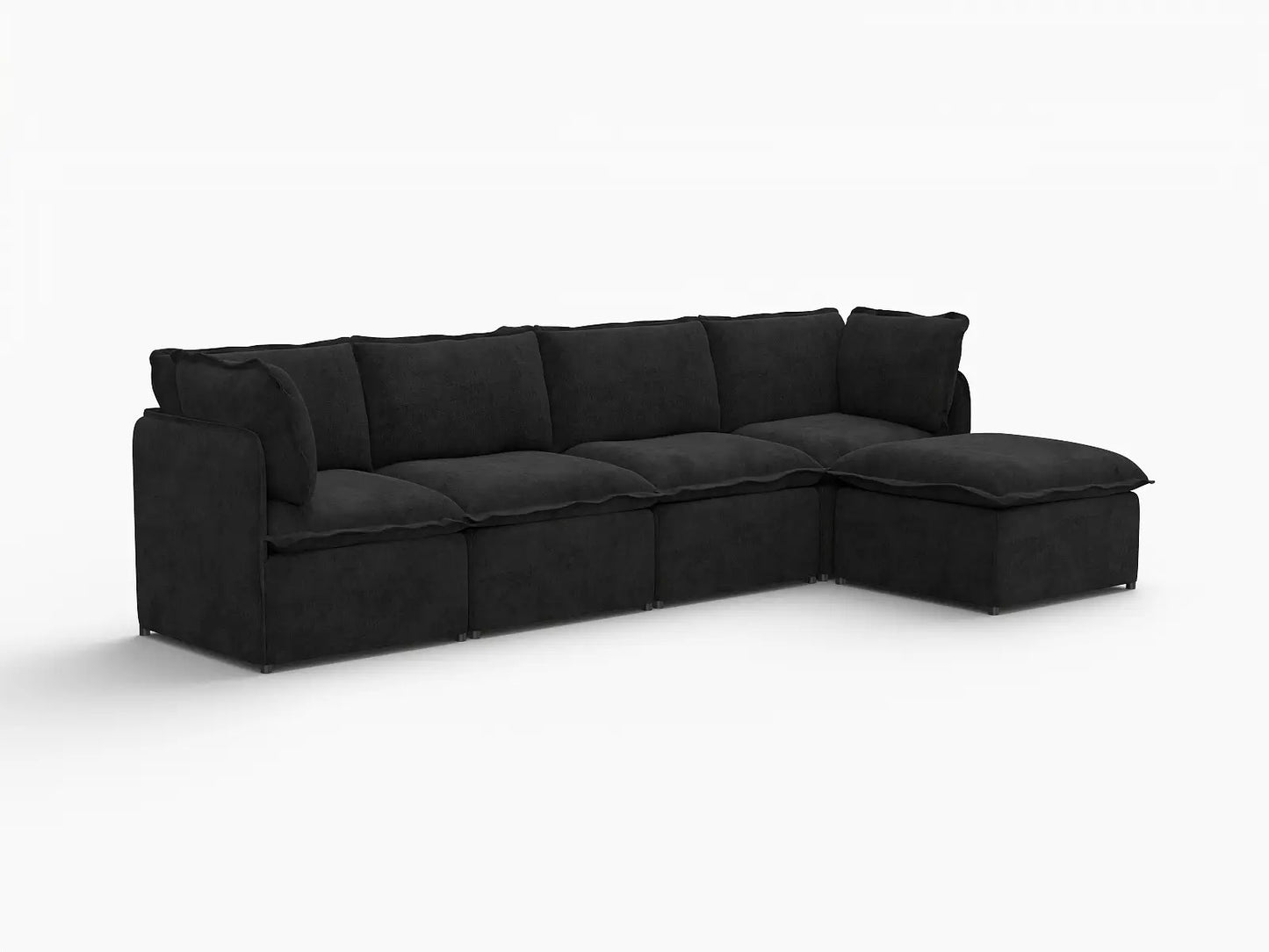 Deluxe Cloud 4-Seater Black L-Shaped Sectional | 5-Piece (Includes 1 Ottoman), Linen Look Poly Fabric, Washable Cushion Covers