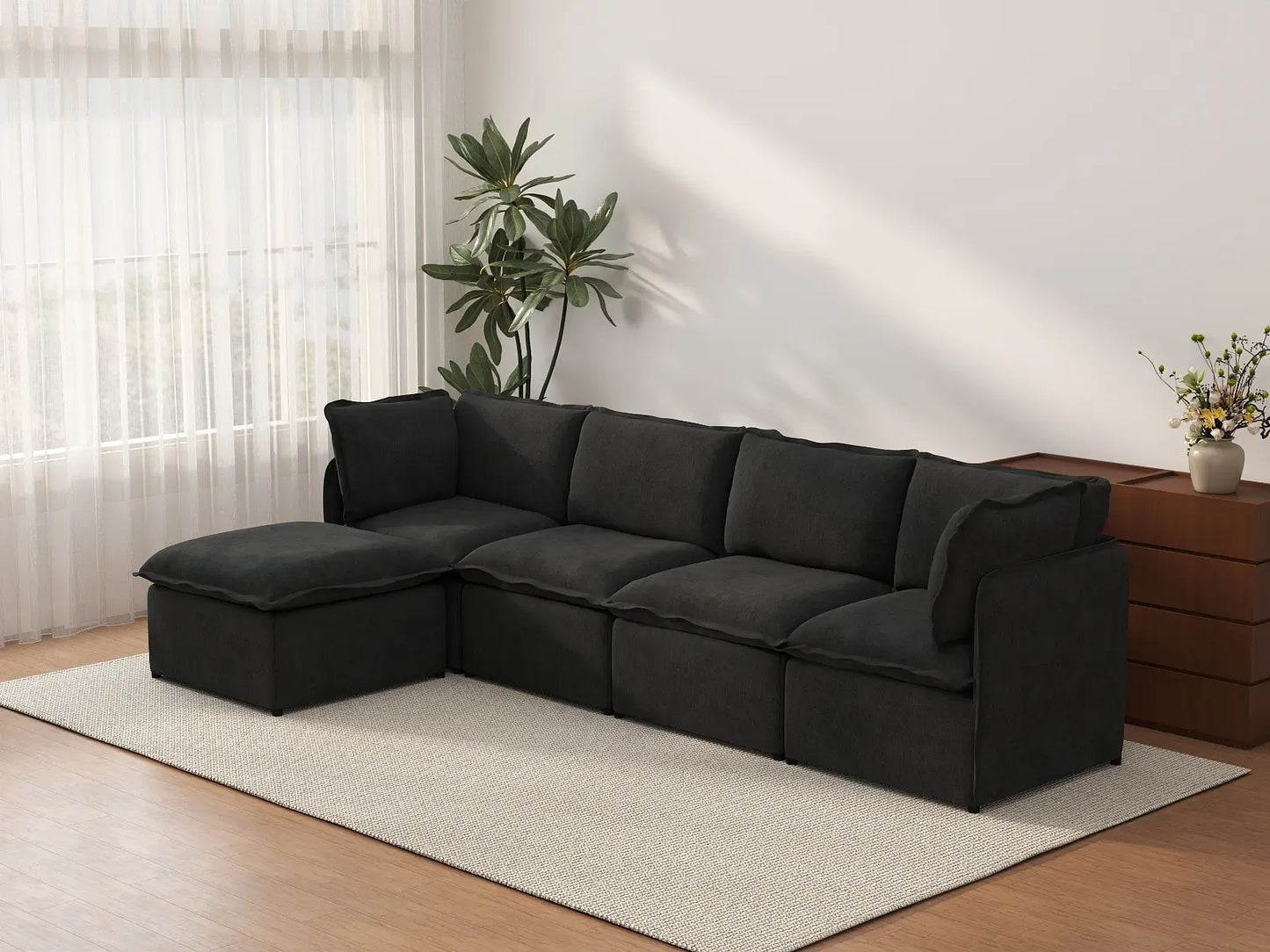Deluxe Cloud 4-Seater Black L-Shaped Sectional | 5-Piece (Includes 1 Ottoman), Linen Look Poly Fabric, Washable Cushion Covers