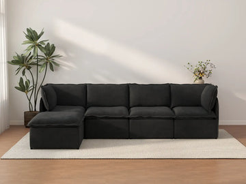 Deluxe Cloud 4-Seater Black L-Shaped Sectional | 5-Piece (Includes 1 Ottoman), Linen Look Poly Fabric, Washable Cushion Covers