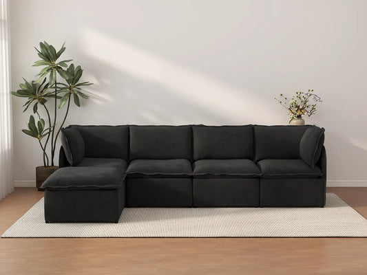 Deluxe Cloud 4-Seater Black L-Shaped Sectional | 5-Piece (Includes 1 Ottoman), Linen Look Poly Fabric, Washable Cushion Covers