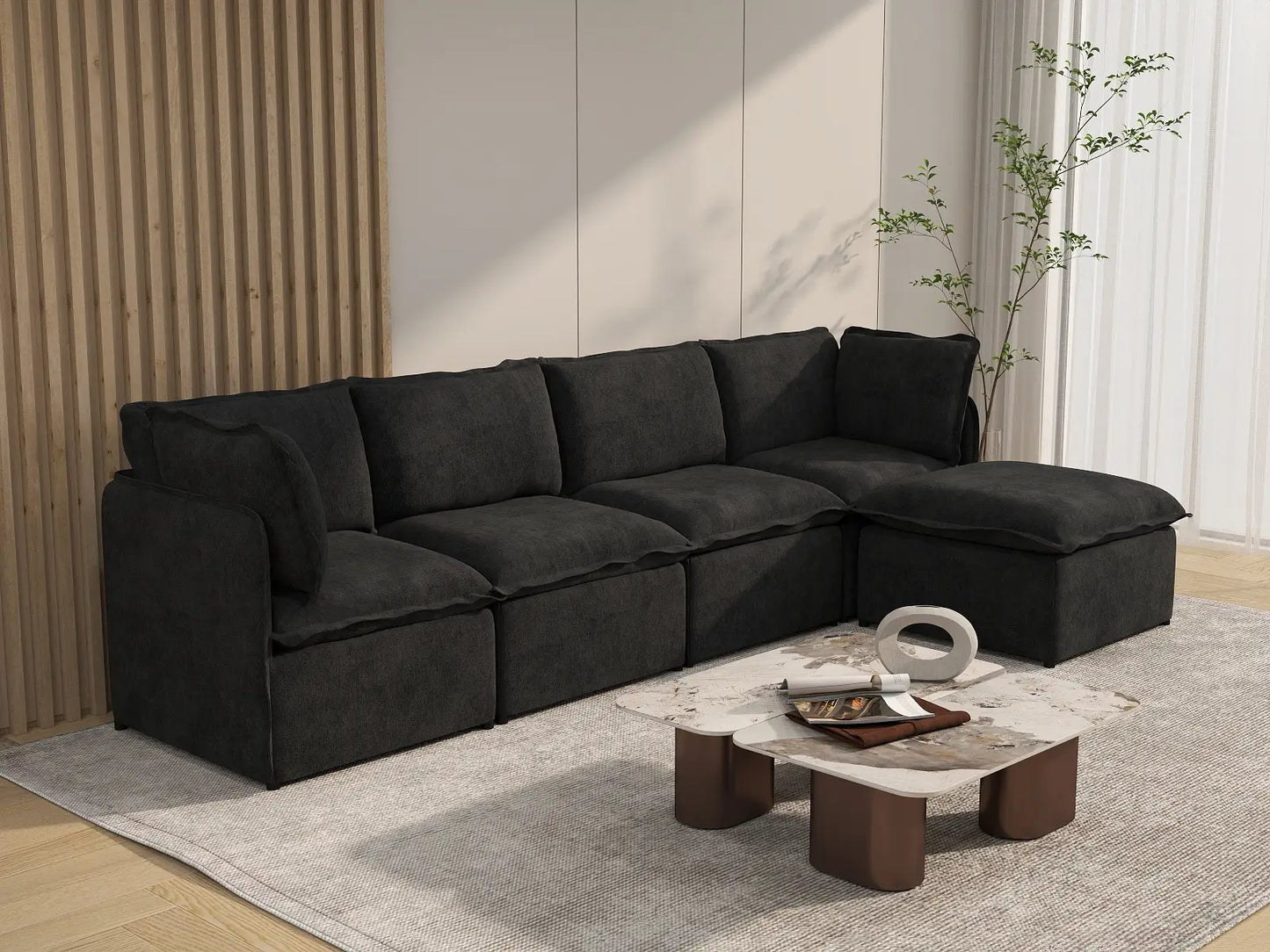 Deluxe Cloud 4-Seater Black L-Shaped Sectional | 5-Piece (Includes 1 Ottoman), Linen Look Poly Fabric, Washable Cushion Covers