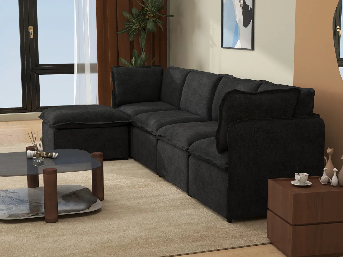 Deluxe Cloud 4-Seater Black L-Shaped Sectional | 5-Piece (Includes 1 Ottoman), Linen Look Poly Fabric, Washable Cushion Covers