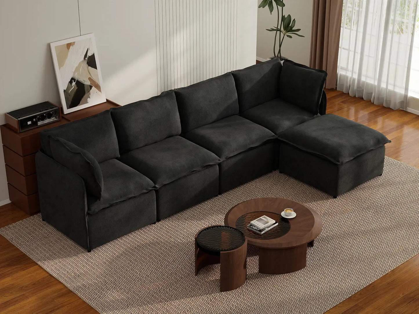 Deluxe Cloud 4-Seater Black L-Shaped Sectional | 5-Piece (Includes 1 Ottoman), Linen Look Poly Fabric, Washable Cushion Covers
