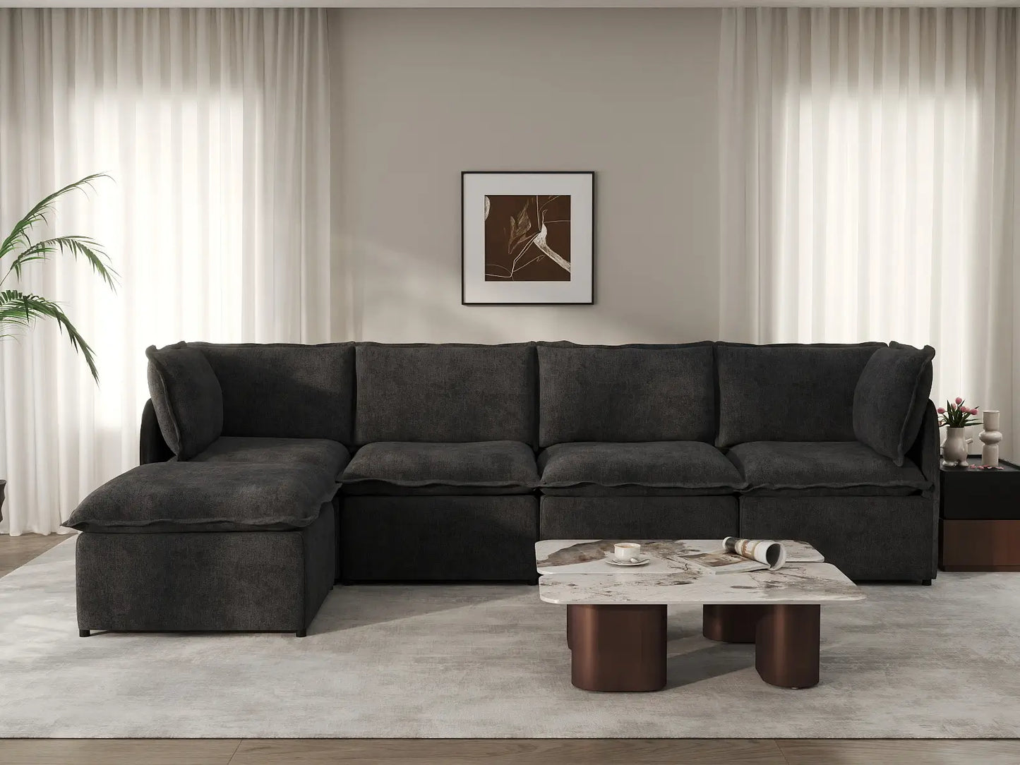Deluxe Cloud 4-Seater Black L-Shaped Sectional | 5-Piece (Includes 1 Ottoman), Linen Look Poly Fabric, Washable Cushion Covers