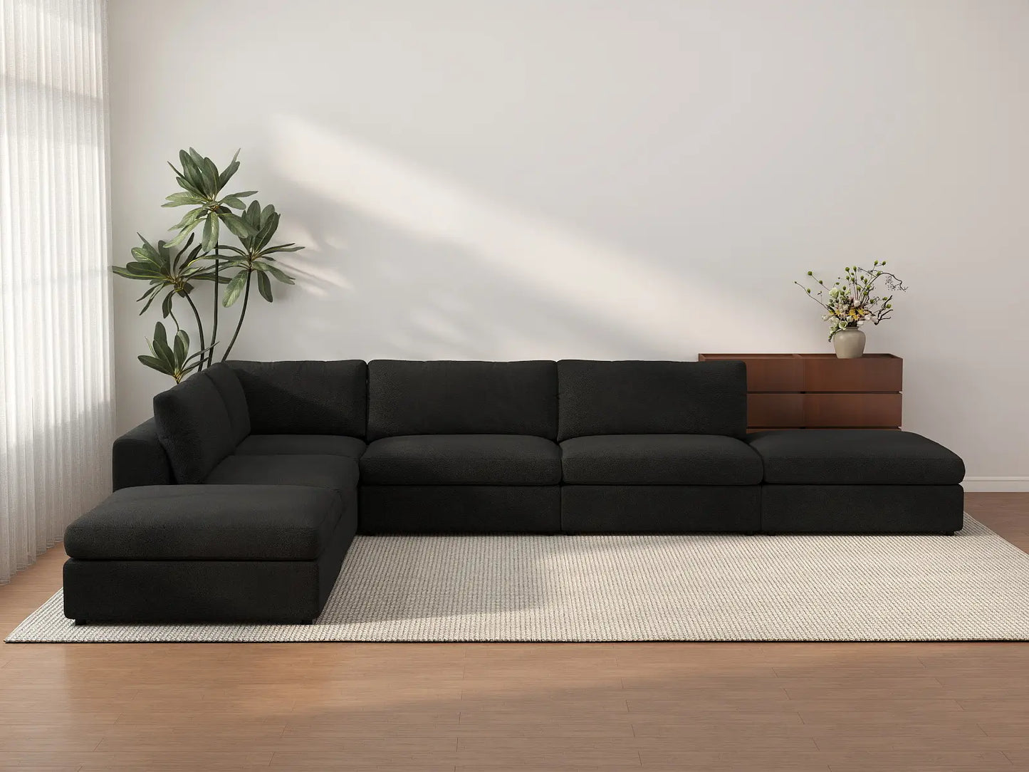 Deluxe Cloud 4-Seater Black L-Shaped Sectional | 6-Piece (Includes 2 Ottomans), Bouclé Sherpa-Like Fabric, Washable Cushion Covers