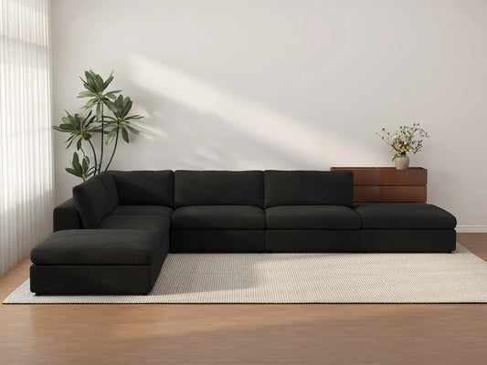 Seccional Deluxe Cloud de 4 plazas en L de color negro | 6 piezas (incluye 2 otomanas), tela tipo borreguillo buclé, fundas de cojín lavables
